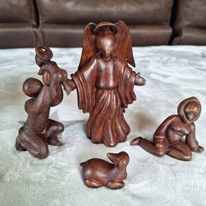 Vintage 1999 House Of Lloyd Abstract Carved Wood Nativity Jesus Mary Missing Dog
